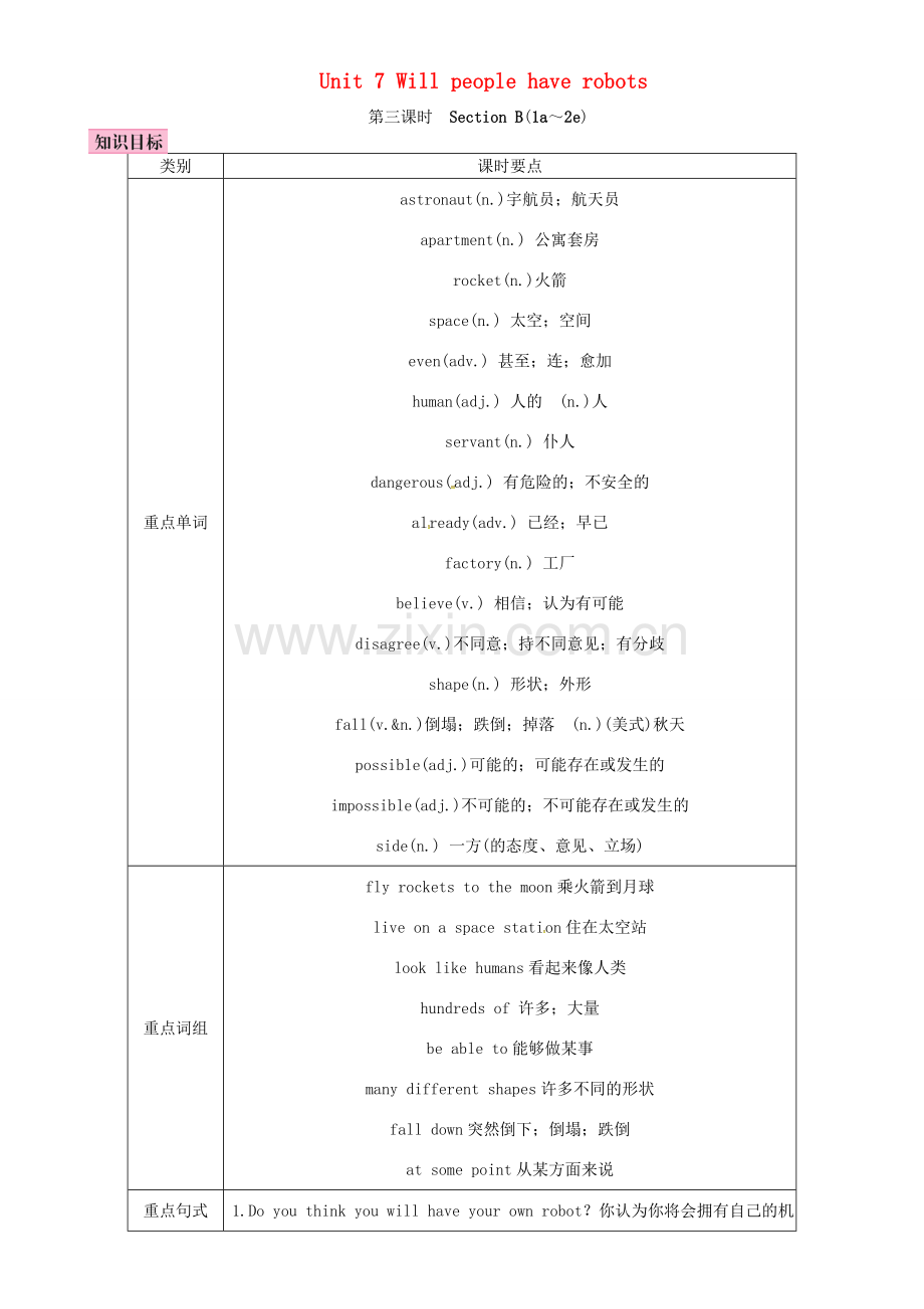 八年级英语上册 Unit 7 Will people have robots（第3课时）教案 （新版）人教新目标版-（新版）人教新目标版初中八年级上册英语教案.doc_第1页
