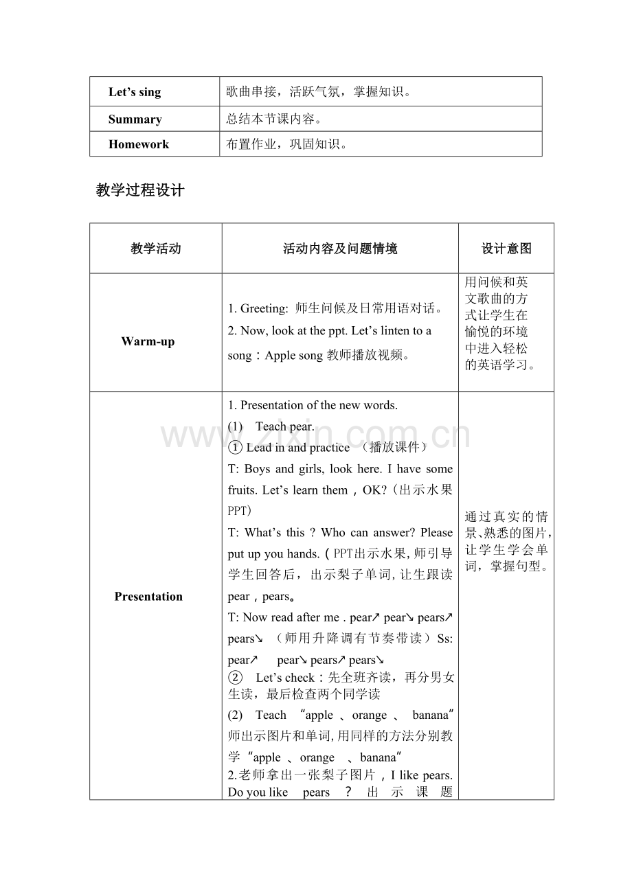 陈丽芬三年级英语下教学设计《DoyoulikepearsPartALet’slearn》.doc_第2页
