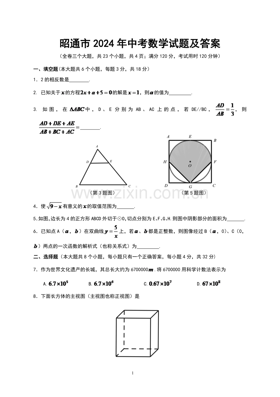 昭通市2024年中考数学模拟试题及答案(Word版).pdf_第1页
