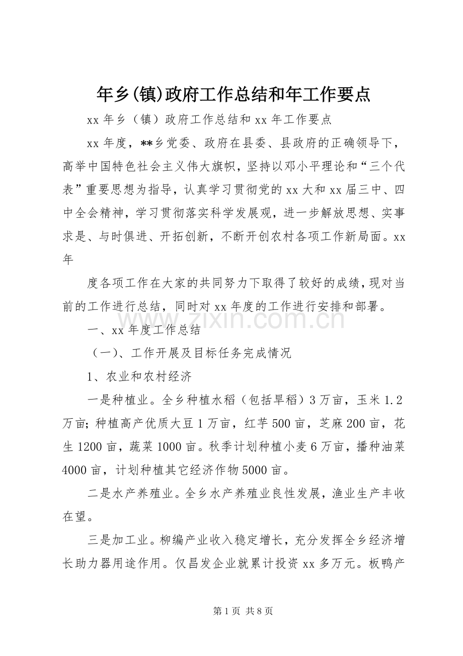 年乡(镇)政府工作总结和年工作要点 .docx_第1页