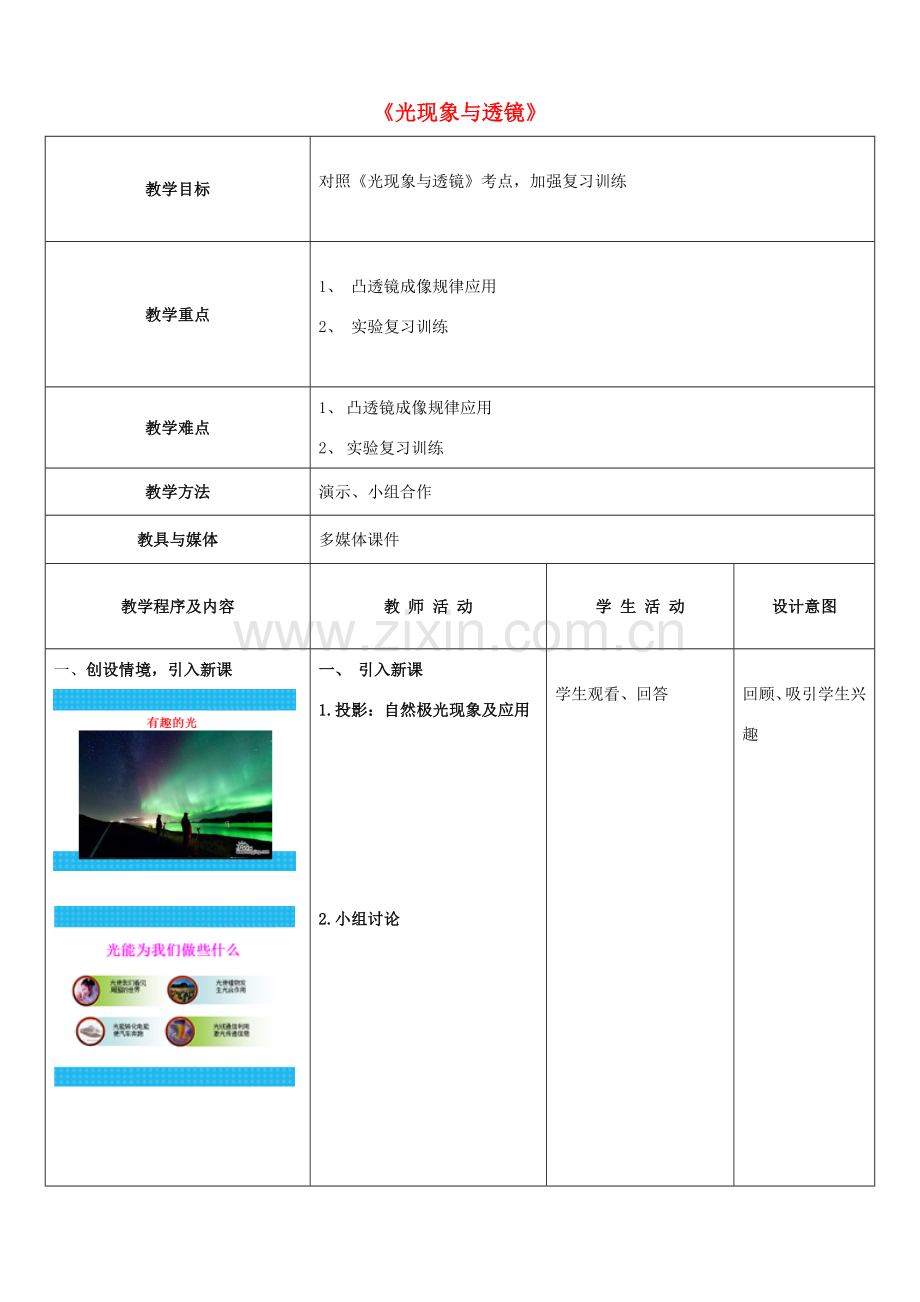 中考物理 光现象与透镜复习教案-人教版初中九年级全册物理教案.doc_第1页