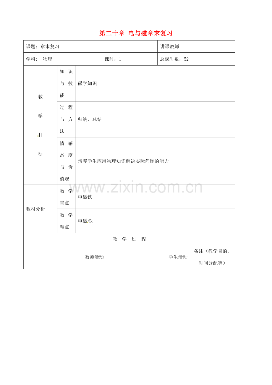 吉林省四平市第十七中学九年级物理全册《第二十章 电与磁》章末复习教案 （新版）新人教版.doc_第1页