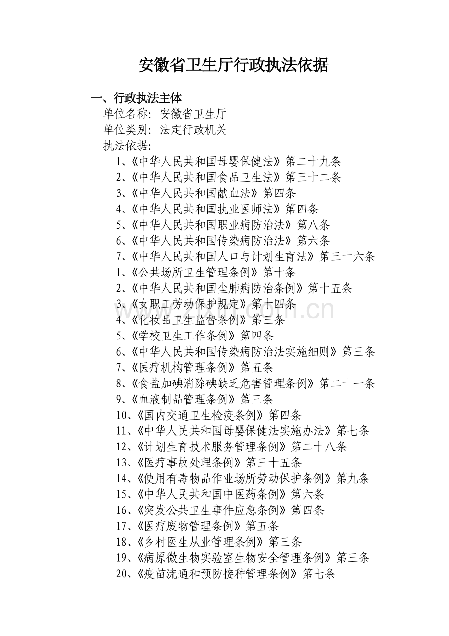 安徽省卫生厅行政执法依据.docx_第1页