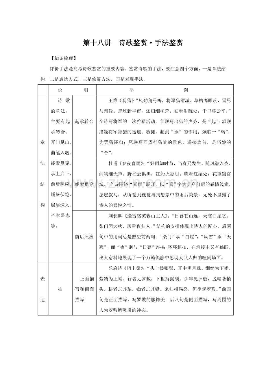 古诗文阅读专题第十八讲诗歌手法鉴赏.doc_第1页