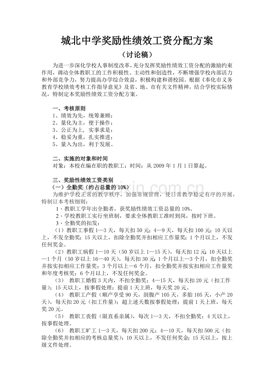 城北中学奖励性绩效工资分配方案（讨论稿）-奉化市城北中学.docx_第1页
