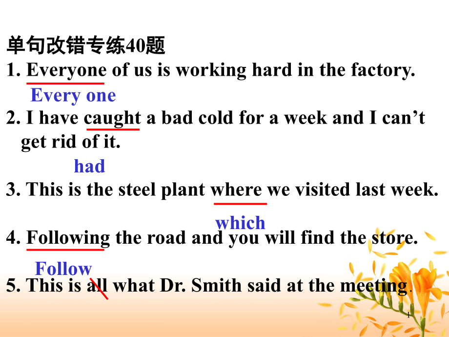 高考英语单句改错40题(课堂PPT).ppt_第1页
