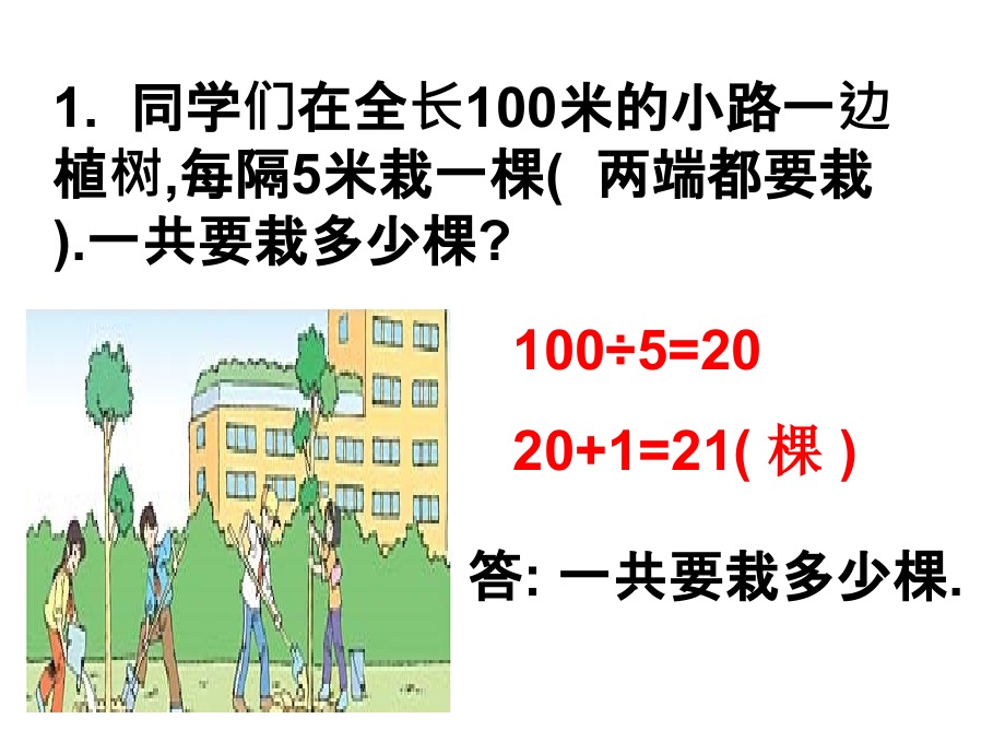 米的小路一边植树-每隔5米栽一棵(-两端都要栽-)一共要教学内容.ppt_第2页