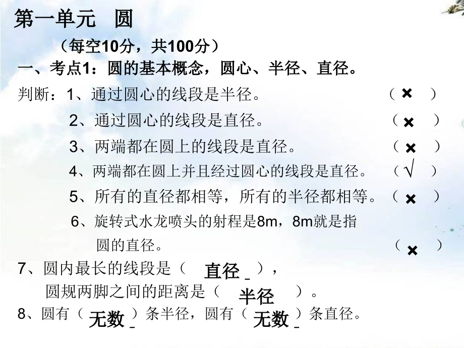 北师大版六年级数学上册第一单元圆练习题.ppt_第2页