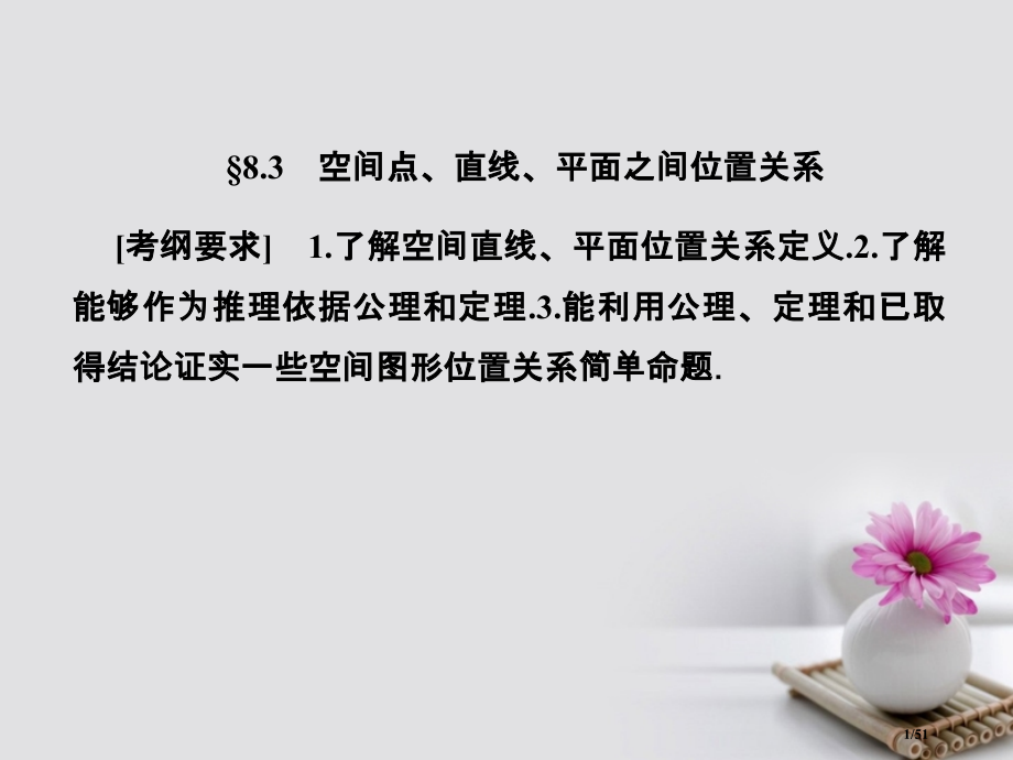 高考数学总复习8.3空间点直线平面之间的位置关系市赛课公开课一等奖省名师优质课获奖课件.pptx_第1页