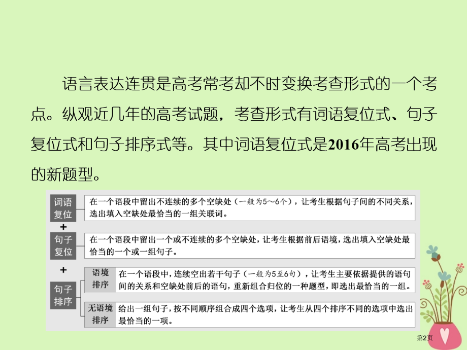 高中语文复习板块三语言文字运用专题三语言表达连贯选择题省公开课一等奖新名师优质课获奖课件.pptx_第2页