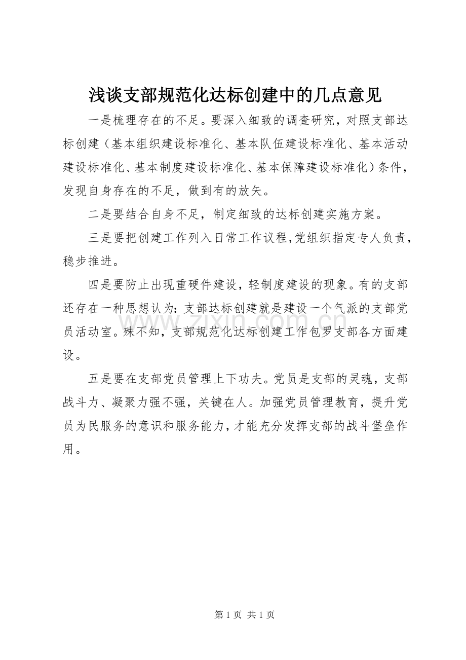浅谈支部规范化达标创建中的几点意见.docx_第1页