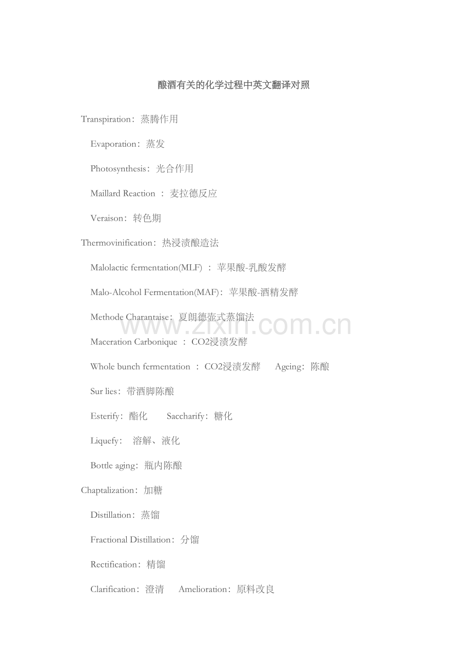 酿酒有关的化学过程中英文翻译对照.doc_第1页