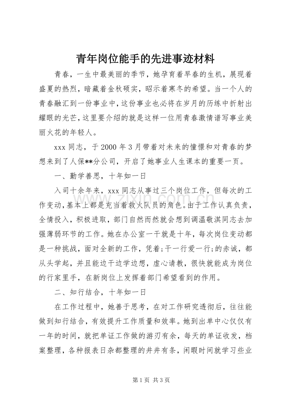 青年岗位能手的先进事迹材料.docx_第1页