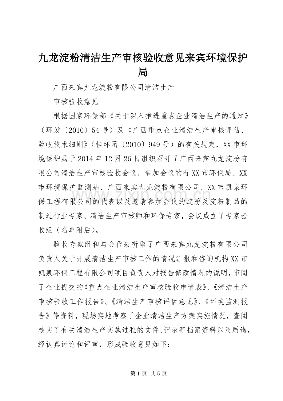 九龙淀粉清洁生产审核验收意见来宾环境保护局.docx_第1页