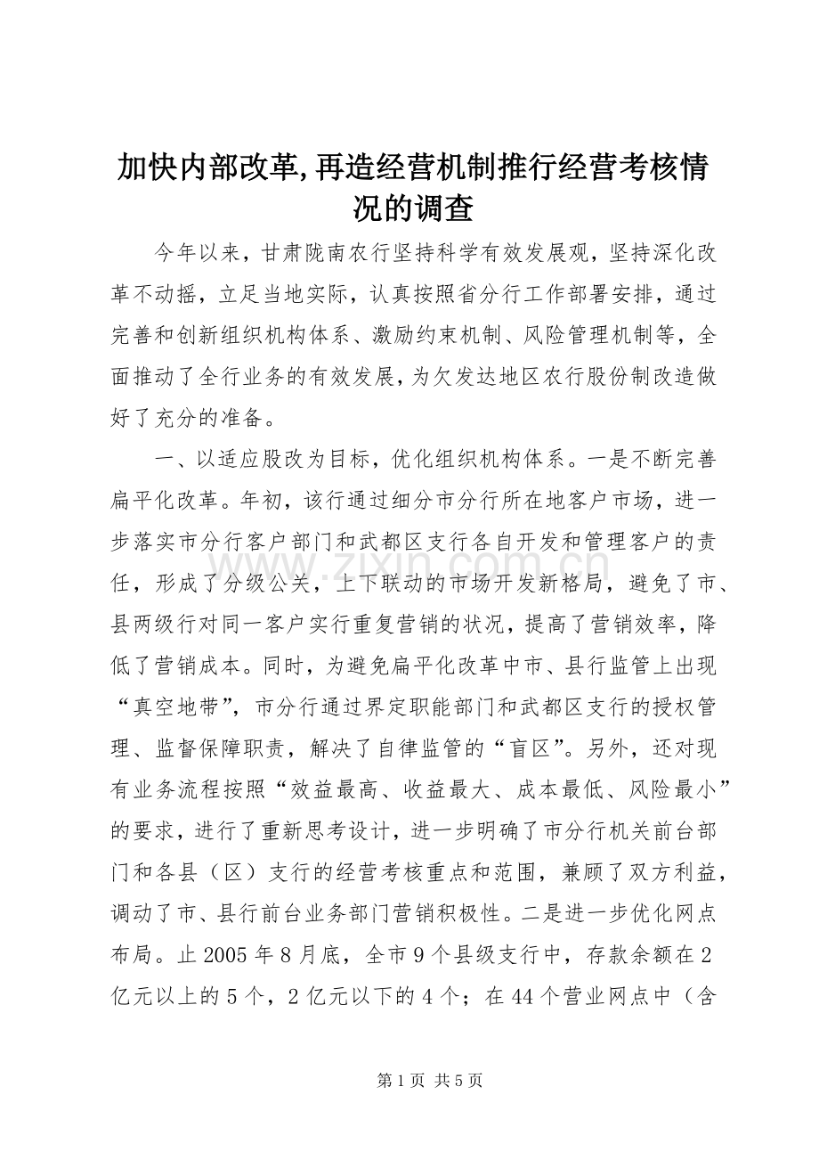 加快内部改革,再造经营机制推行经营考核情况的调查.docx_第1页