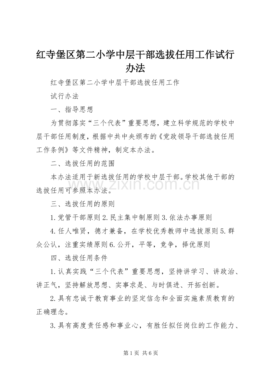 红寺堡区第二小学中层干部选拔任用工作试行办法.docx_第1页