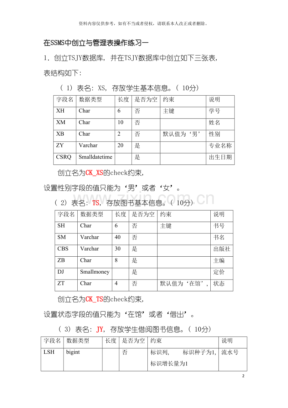 在SSMS中创建与管理表操作练习模板.doc_第2页
