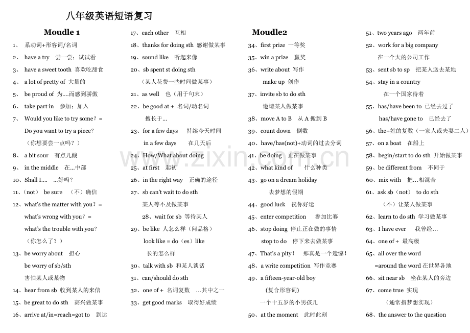 新外研版八年级下册英语短语复习知识点-推荐文档.doc_第1页