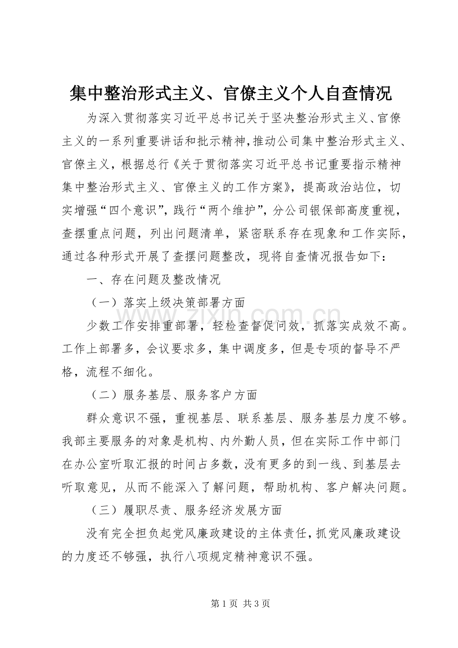 集中整治形式主义、官僚主义个人自查情况.docx_第1页