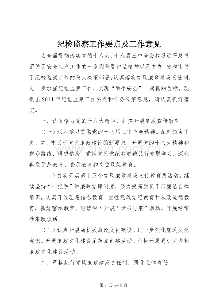 纪检监察工作要点及工作意见.docx_第1页
