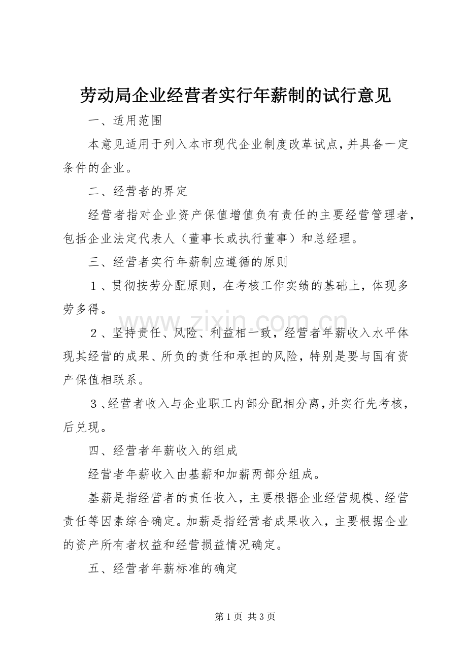 劳动局企业经营者实行年薪制的试行意见.docx_第1页