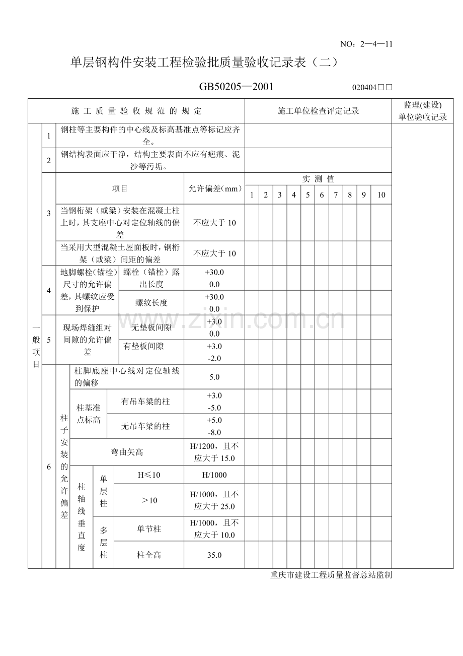 单层钢构件安装工程检验批质量验收记录表.doc_第2页
