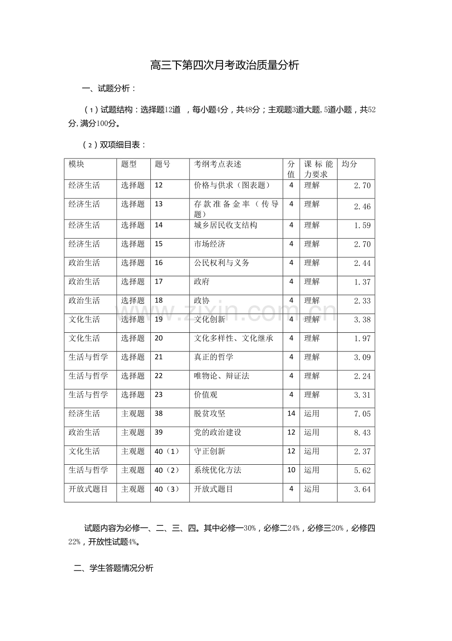 高三下第四次月考政治质量分析.docx_第1页