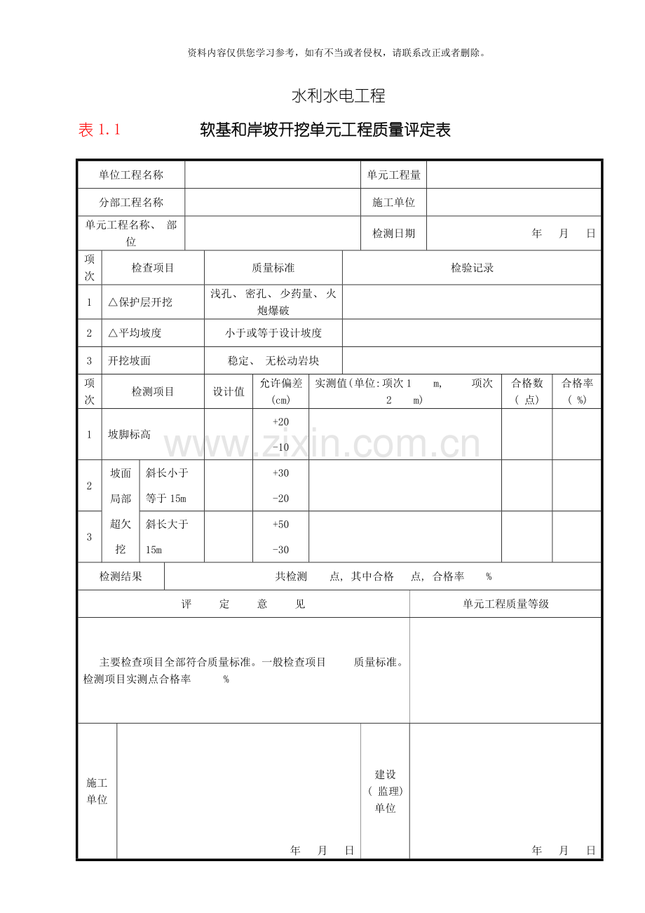 泸定县新城建设水利工程检评表水工建筑工程单元工程质量评定表模板.doc_第1页