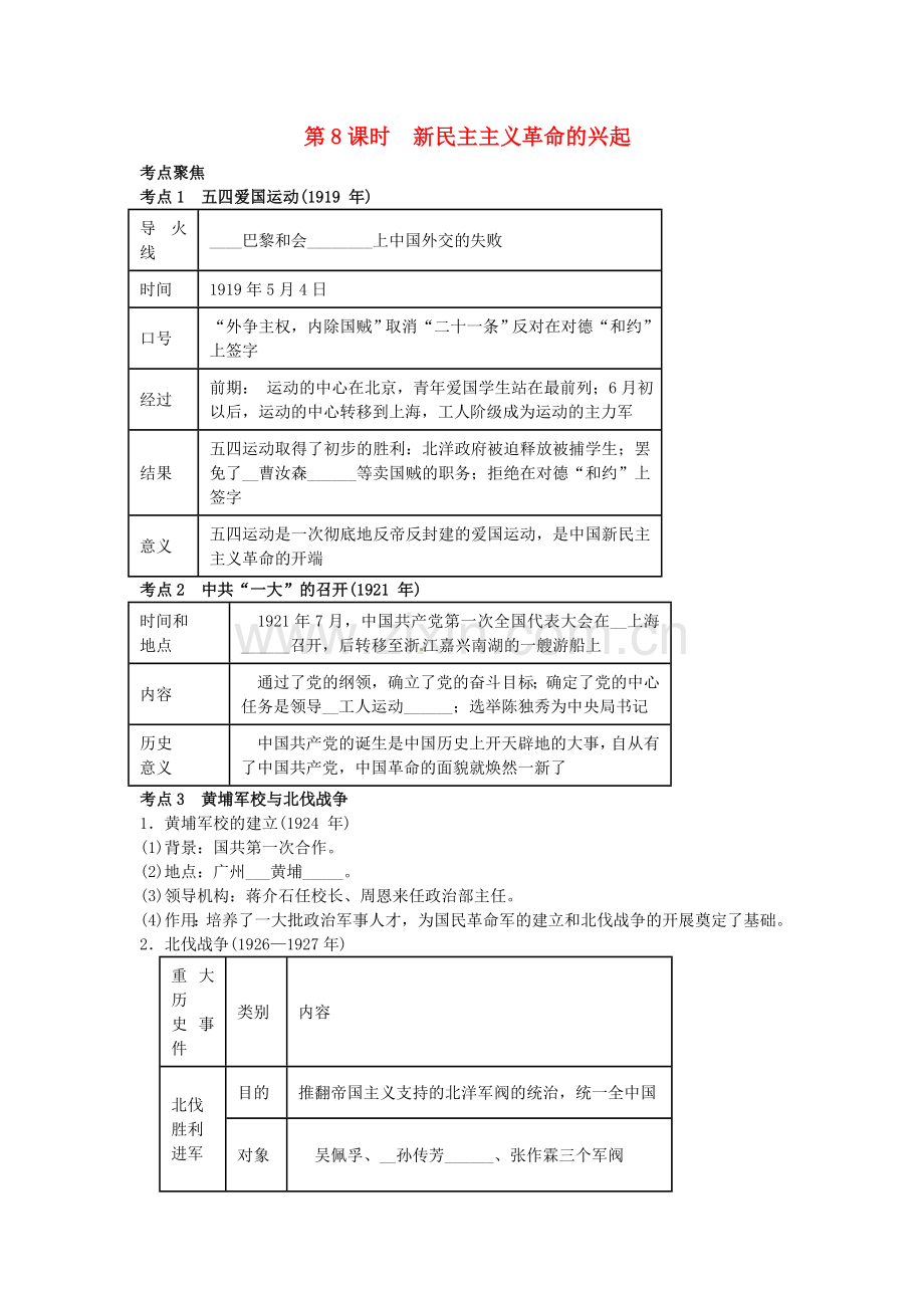 中考历史专题考点聚焦：第8课时-新民主主义革命的兴起.doc_第1页