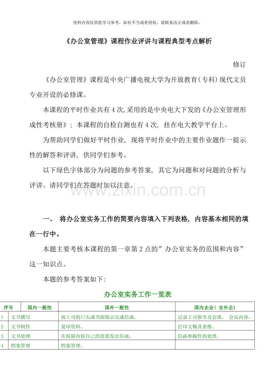 办公室管理课程作业评讲与课程典型考点解析.doc_第1页