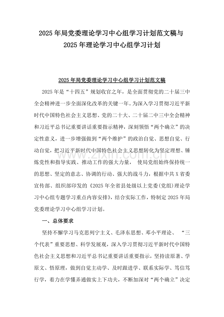 2025年局党委理论学习中心组学习计划范文稿与2025年理论学习中心组学习计划.docx_第1页