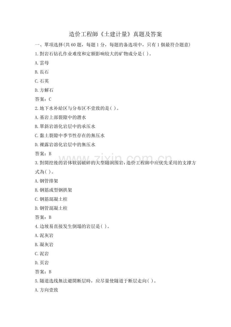 2025年造价工程师土建计量模拟真题及答案.docx_第1页