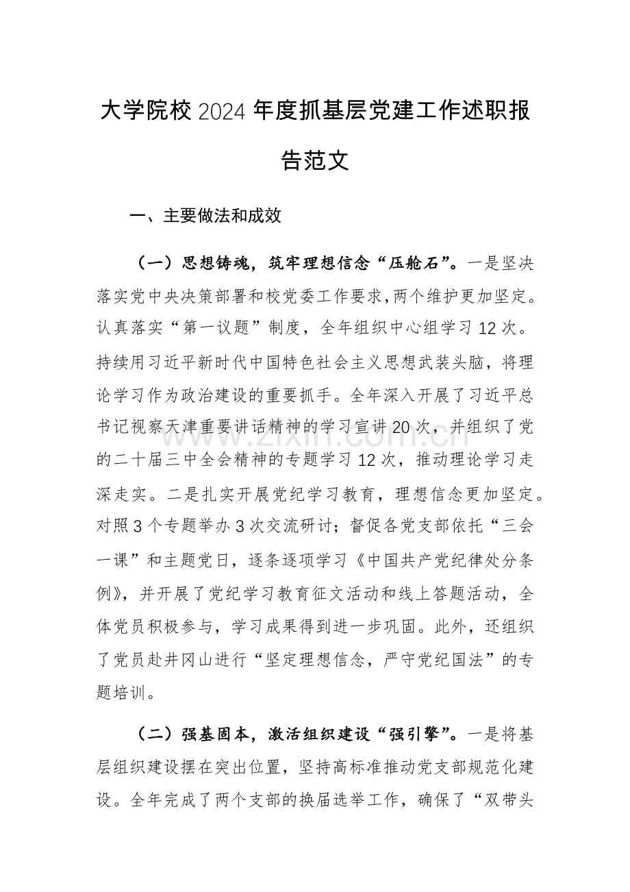 大学院校2024年度抓基层党建工作述职报告范文.docx_第1页