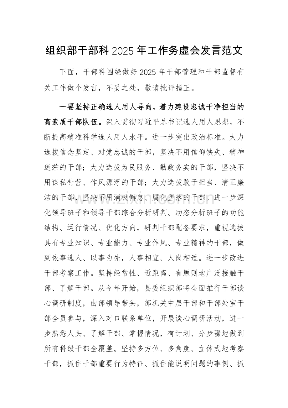 组织部干部科2025年工作务虚会发言范文.docx_第1页