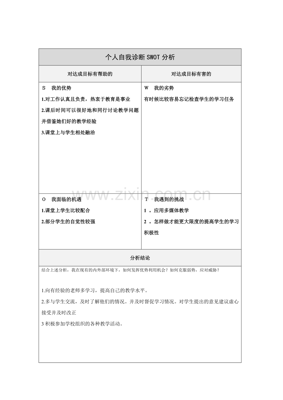 第一步骤所需文档：个人自我诊断SWOT分析表[1] (2).doc_第1页