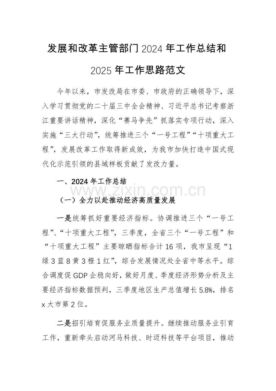 发展和改革主管部门2024年工作总结和2025年工作思路范文.docx_第1页
