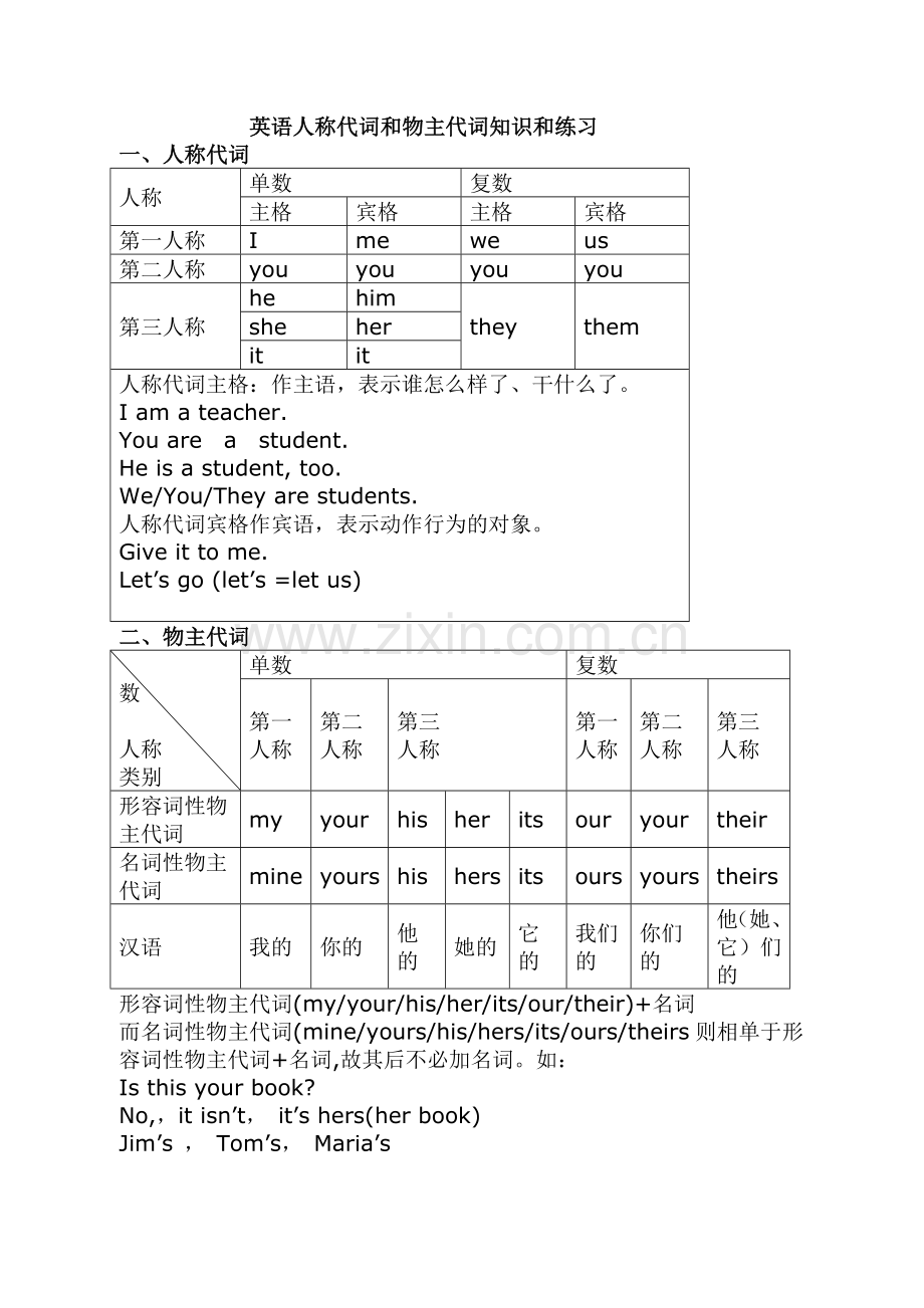 英语人称代词和物主代词知识和练习.doc_第1页