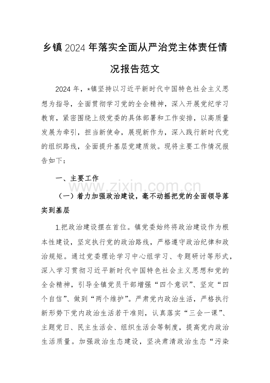 乡2024年落实全面从严治党主体责任情况报告范文.docx_第1页