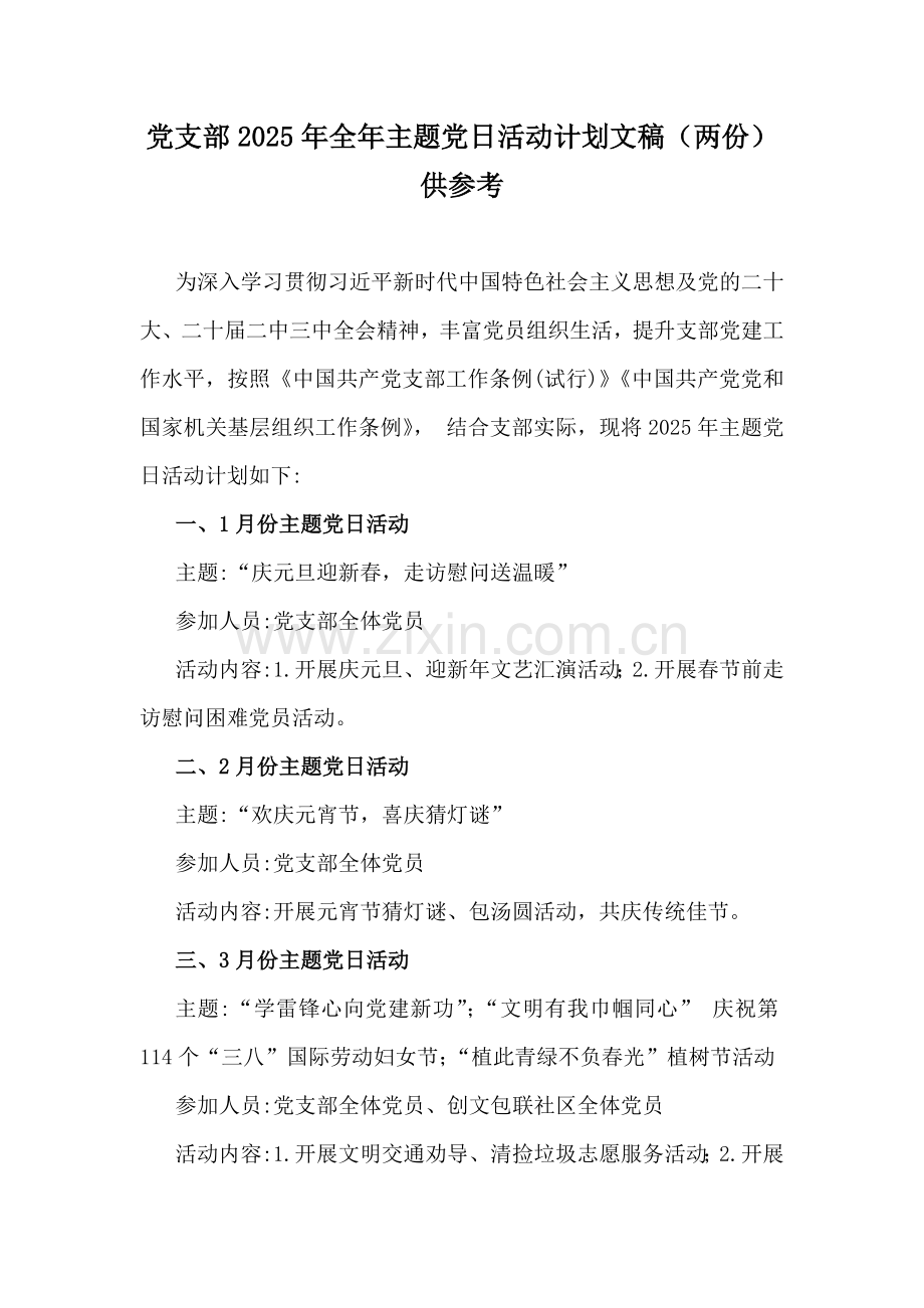 党支部2025年全年主题党日活动计划文稿（两份）供参考.docx_第1页