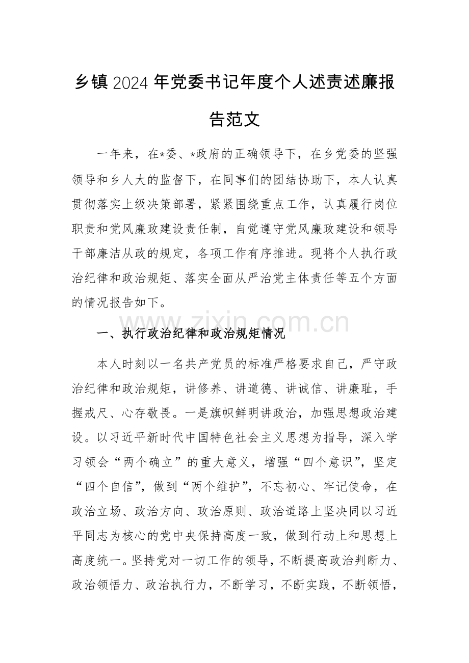 乡镇2024年党委书记年度个人述责述廉报告范文.docx_第1页
