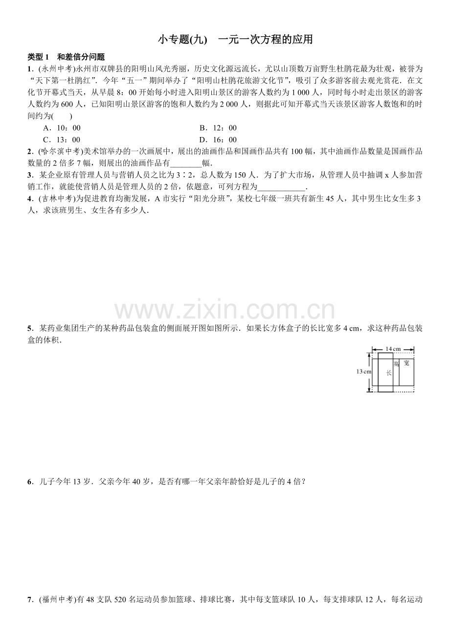 小专题(九)　一元一次方程的应用.doc_第1页