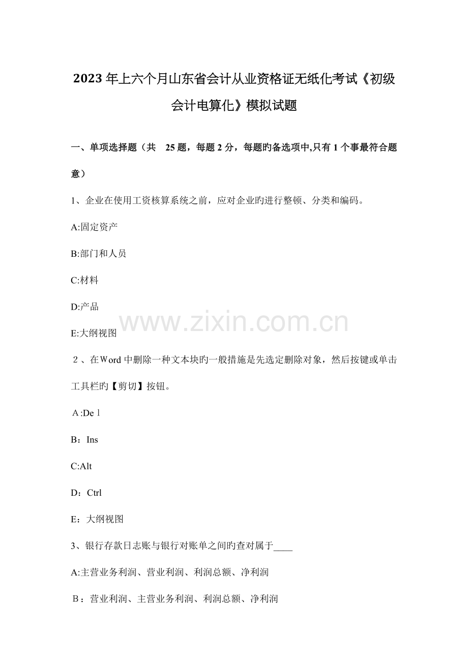 2023年上半年山东省会计从业资格证无纸化考试初级会计电算化模拟试题.docx_第1页