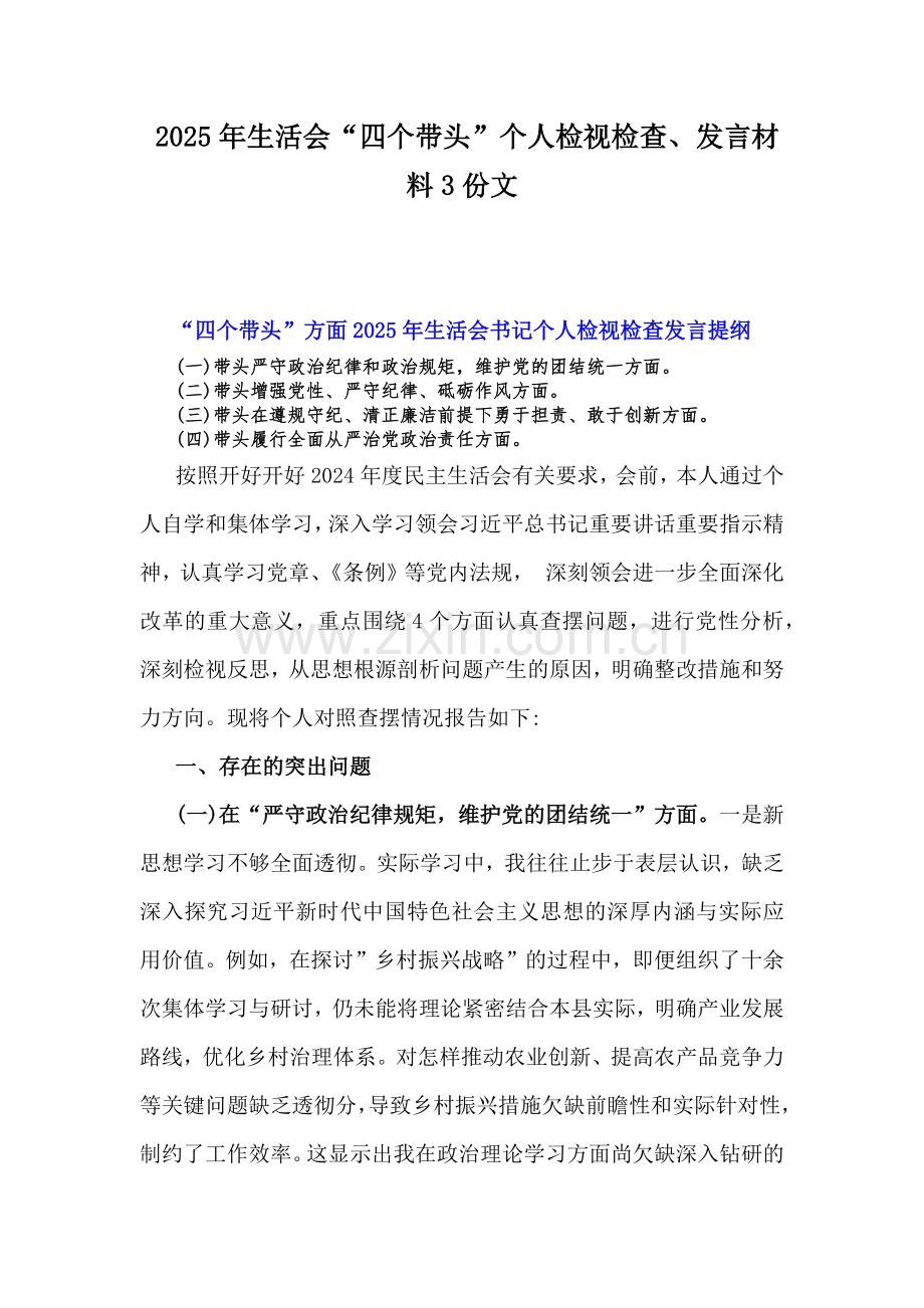 2025年生活会“四个带头”个人检视检查、发言材料3份文.docx_第1页