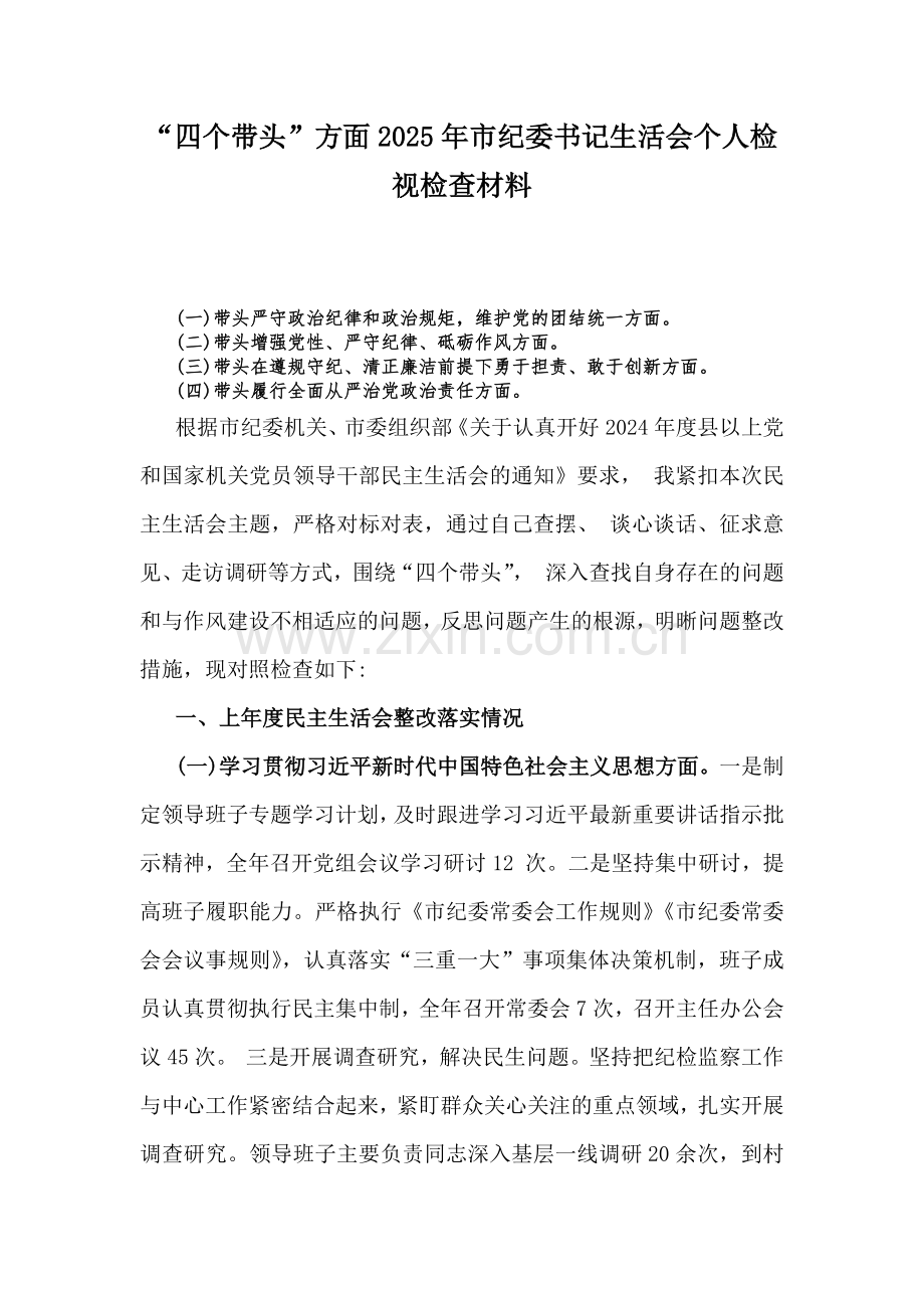 “四个带头”方面2025年市纪委书记生活会个人检视检查材料.docx_第1页