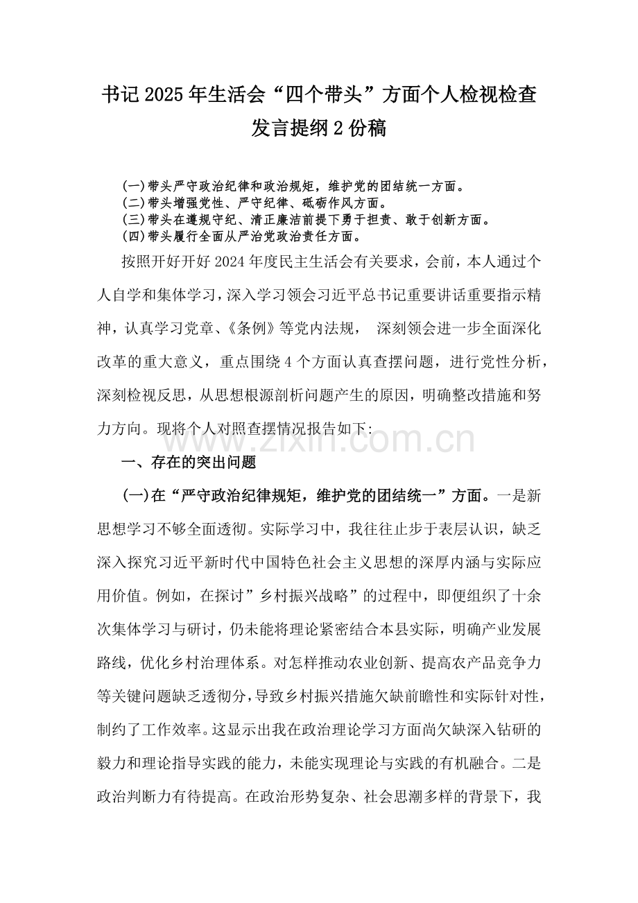 书记2025年生活会“四个带头”方面个人检视检查发言提纲2份稿.docx_第1页