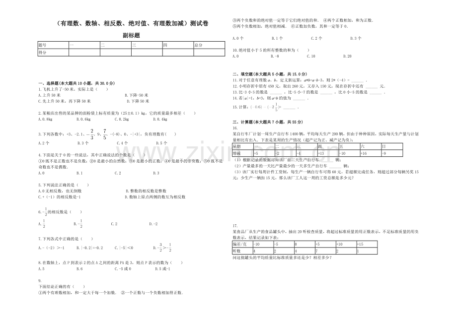 （有理数、数轴、相反数、绝对值、有理数加减）测试卷.doc_第1页
