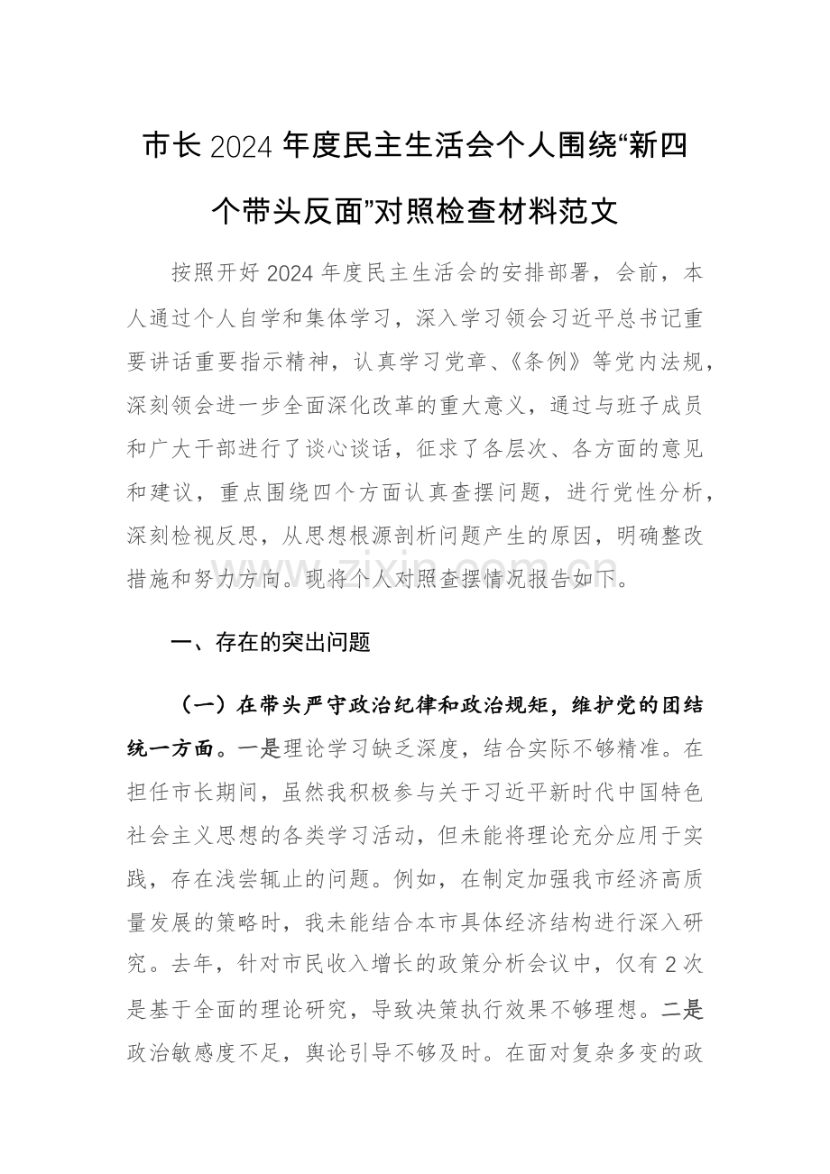 地方一把手2024年度个人围绕“新四个带头反面”对照检查材料范文.docx_第1页