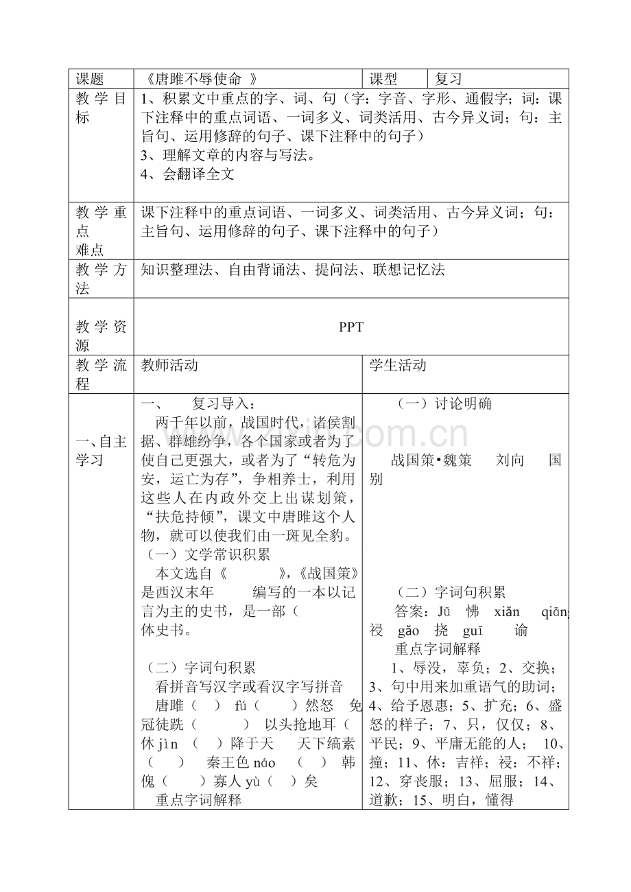 唐雎不辱使命电子备课教案.doc_第1页