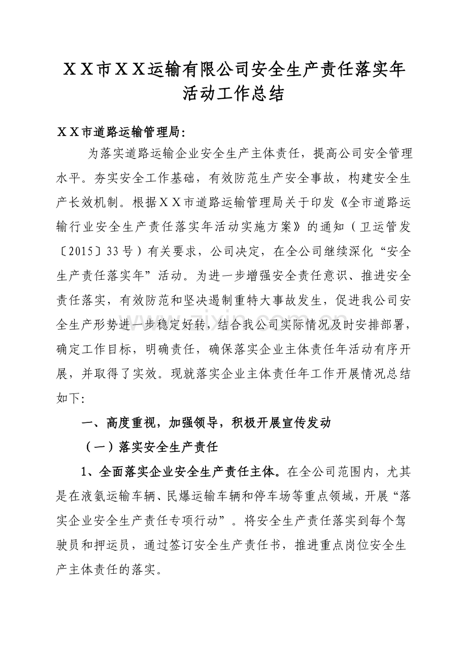 运输有限公司安全生产责任落实年活动工作总结.doc_第1页