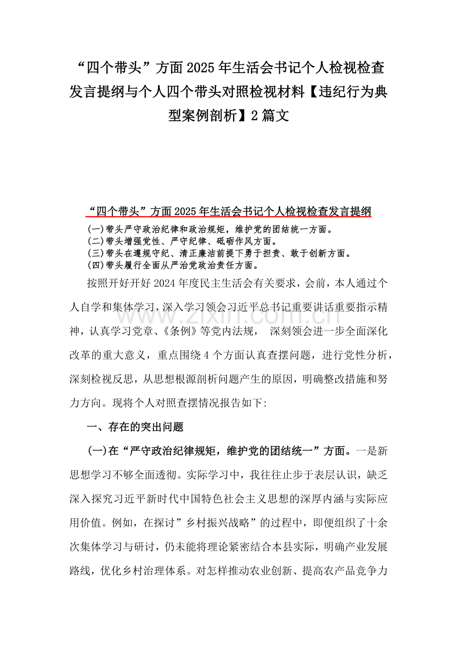 “四个带头”方面2025年生活会书记个人检视检查发言提纲与个人四个带头对照检视材料【违纪行为典型案例剖析】2篇文.docx_第1页